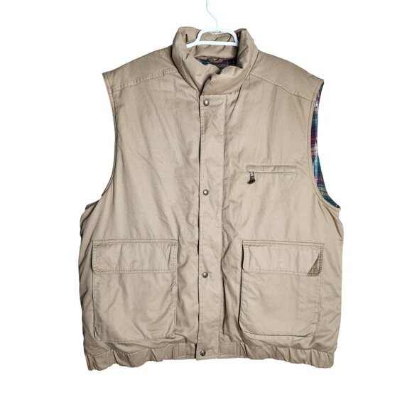 Eddie Bauer VTG Mens Vest 2XL XXL Tall Tan Goose‎ Feather Down Flannel Lined - Picture 1 of 7